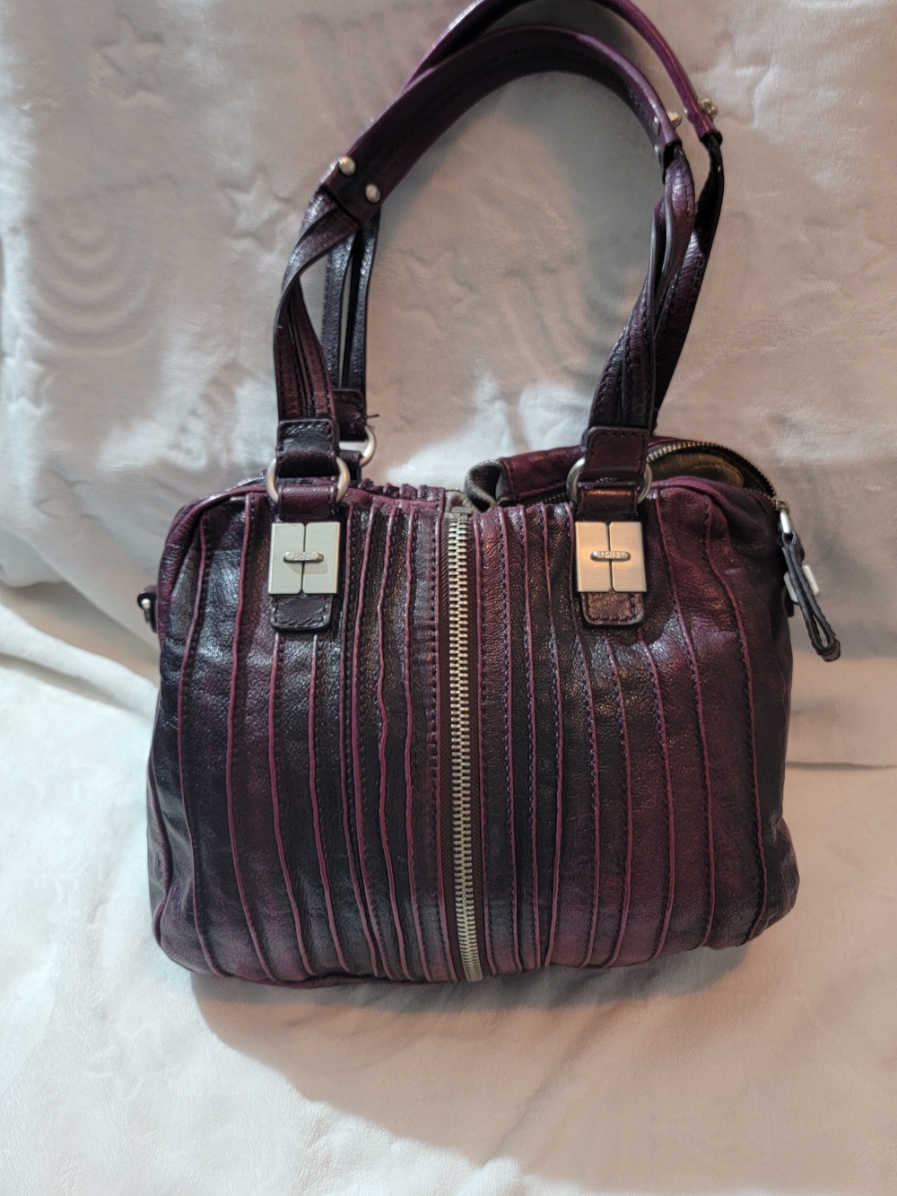 Plum Quilted Leather Shoulder Bag with Center Zip